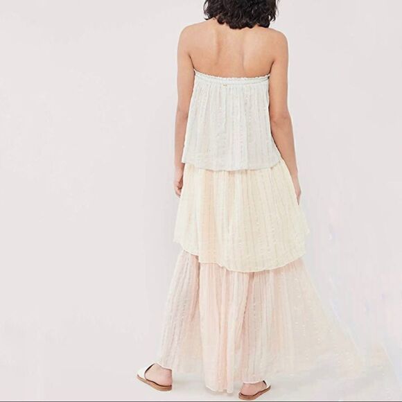 PQ Swim Golden Hour Briar Maxi Dress Swim Cover Strapless Block Tiers Pleated - Picture 2 of 15